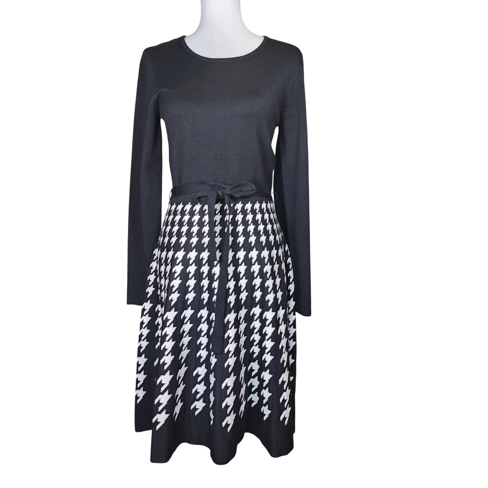 Jessica Howard Sweater Dress Womens Medium Black White Houndstooth Office Work